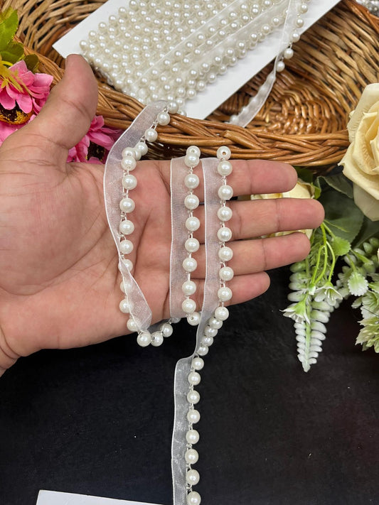 Pearl Trim | Pearl Beaded Lace Trim | Pearl Ribbons – Elegant Latkan Border for Sarees, Dupattas & Designer Wear (9 Meter, 0.5 Inch Width)