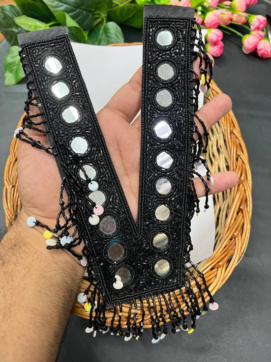 Beautiful Real Mirror Work Handmade Neck Patch for Kurtis, Tops & Navratri Outfits | Black