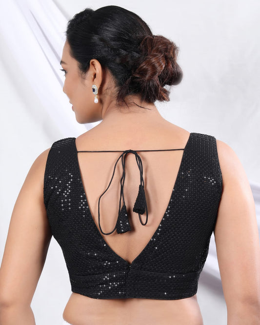 Black Sequin Embellished Padded Saree Blouse – Back Open Partywear Readymade Blouse