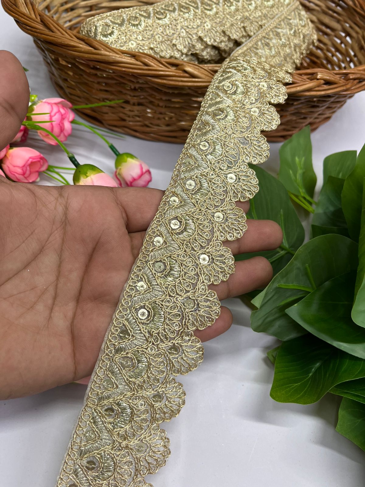 Light Gold Zari with Gold Sequins Embroidered Lace - 9 Meter (2 Inch Width)