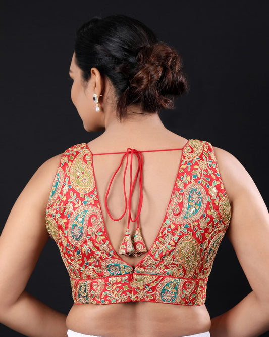 Embroidered Red V-Neck Padded Saree Blouse – Back Open Readymade Blouse for Women