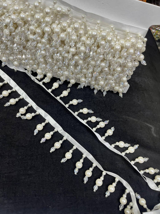 Pearl Hanging Trim | Pearl Beaded Lace Trim – Elegant Latkan Border for Sarees, Dupattas & Bridal Wear (9 Meter, 1.5 Inch Width)