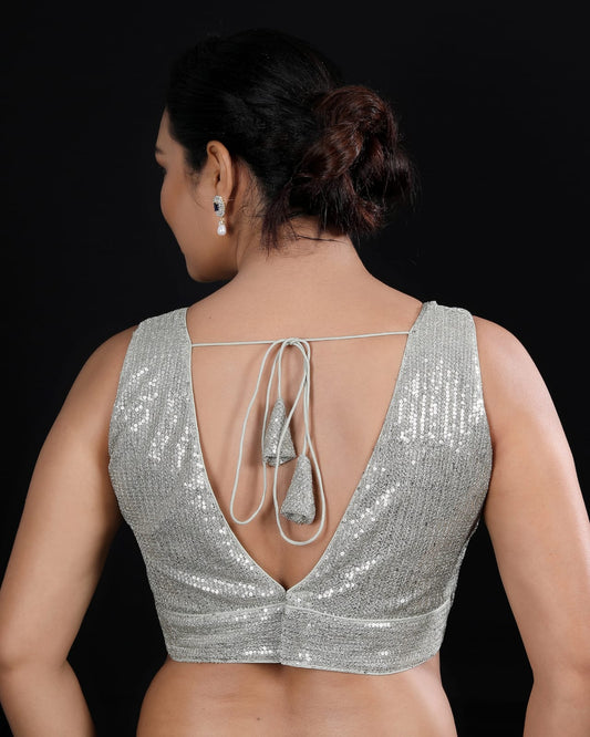 Grey Sequin Work V-Neck Padded Readymade Saree Blouse – Elegant Partywear
