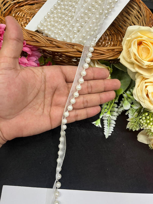 Pearl Trim | Pearl Beaded Lace Trim | Pearl Ribbons – Elegant Latkan Border for Sarees, Dupattas & Designer Wear (9 Meter, 0.5 Inch Width)