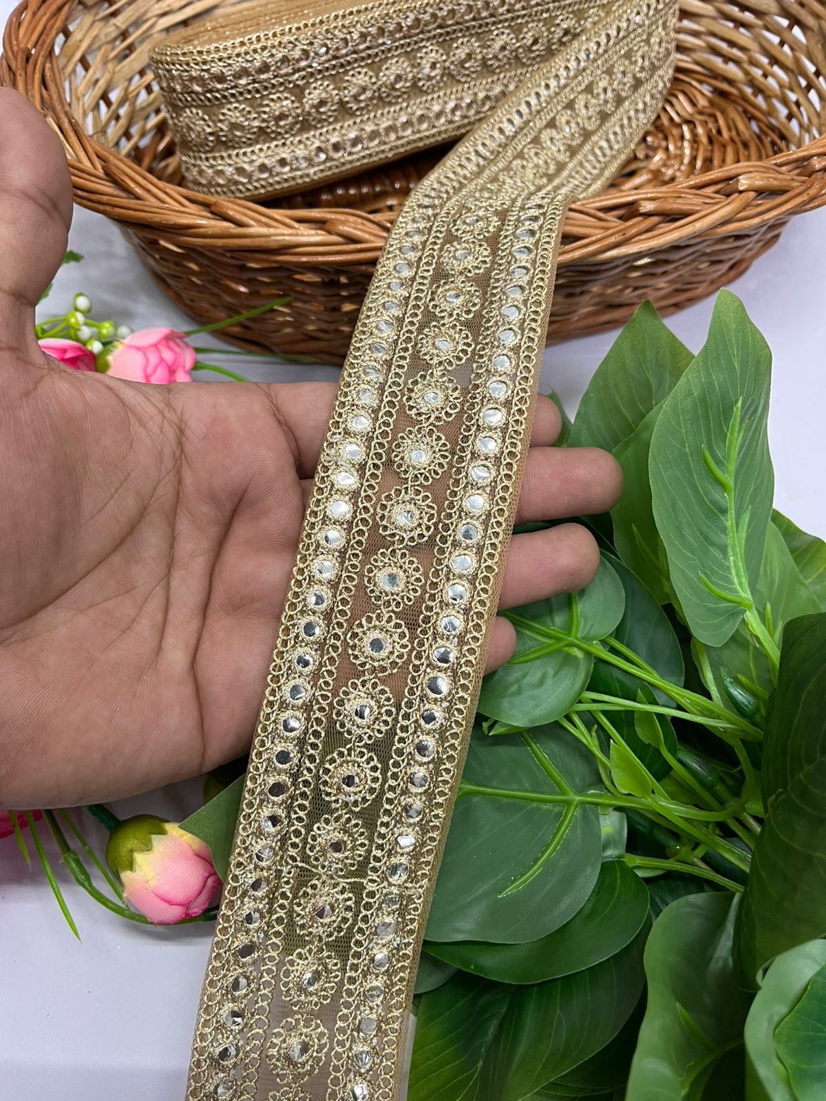 Gold Mirror Embroidered Lace Reel for Saree and Dupatta - 9 Meter (2 Inch Width)