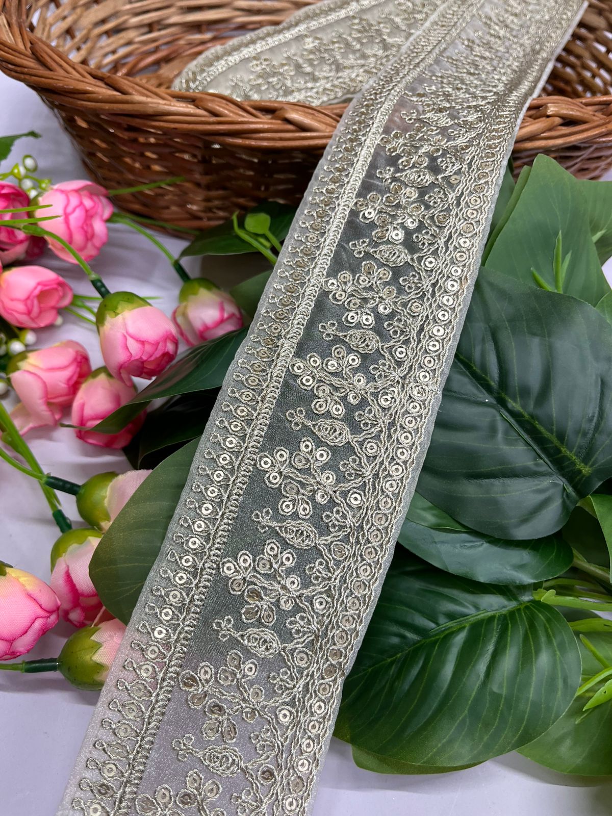 Gold Zari with Gold Sequins Embroidered Lace - 9 Meter (2.5 Inch Width, Light Golden)