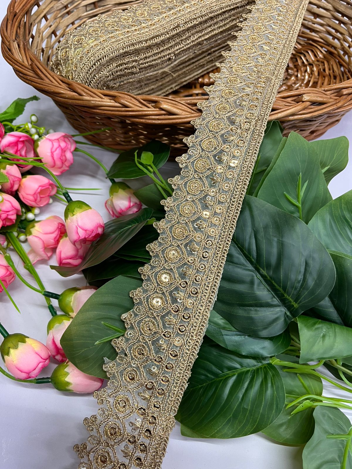 Gold Zari with Gold Sequins Embroidered Lace - 9 Meter (2 Inch Width, Gold)
