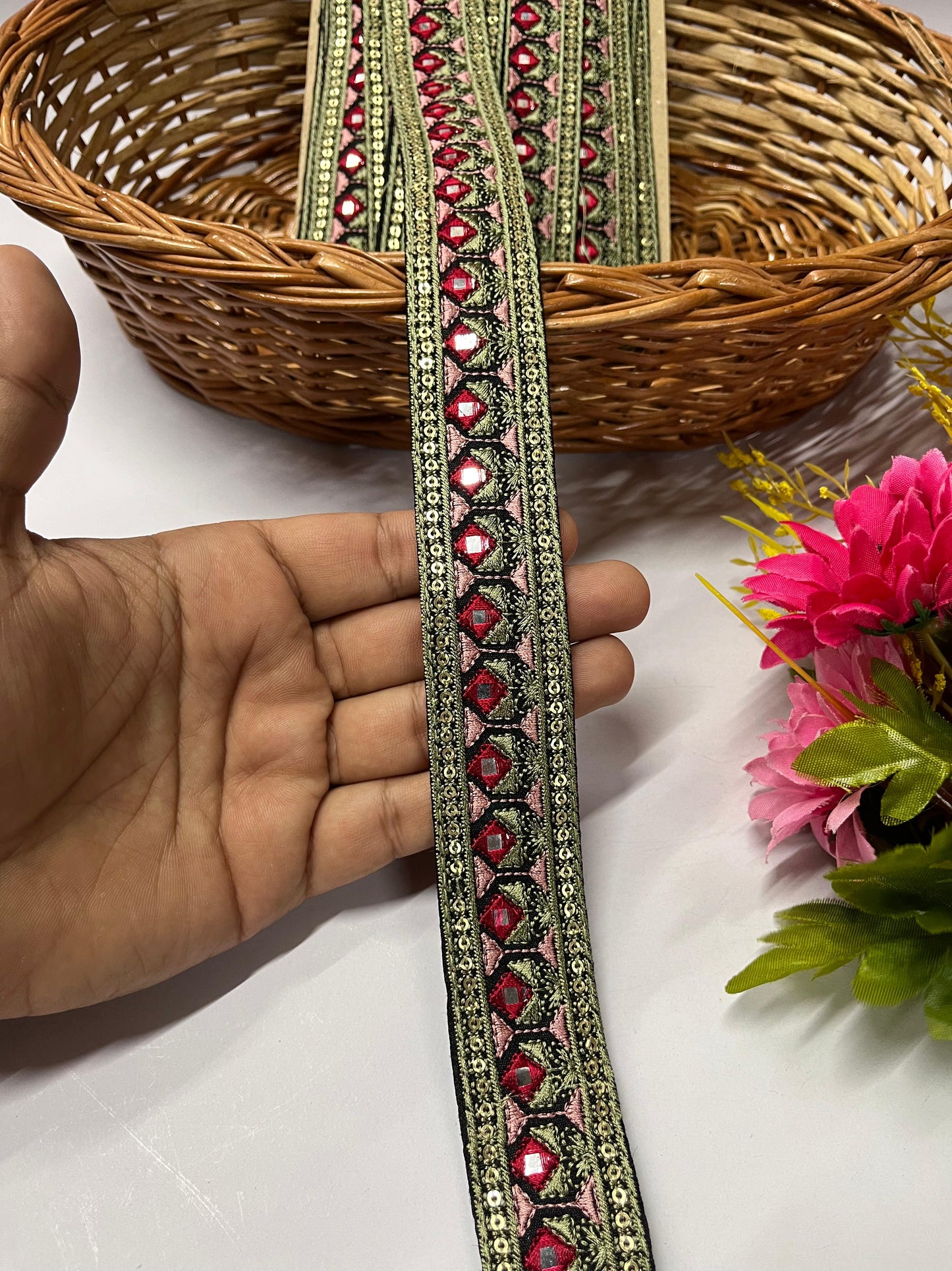Sewing Embroidery Lace Trim | Mirror Thread Designer Lace Border Trim – 9 Meters, 1.5-Inch Width | Design 10