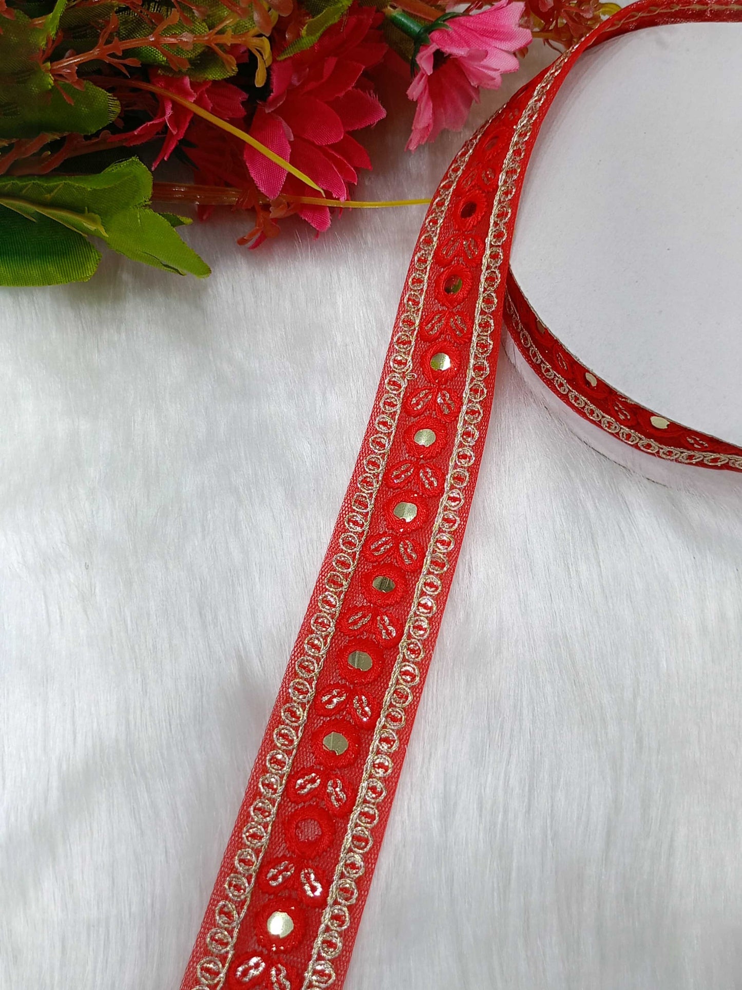 Elegant Mirror Foil Lace in Crimson Red – 9 Meter Roll