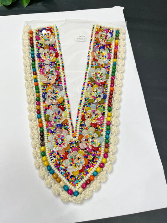 Beautiful Multicoloured Bead Work Neck Patch for Kurtis, Dresses & Navratri Outfits – Handcrafted Applique Design | Design 13