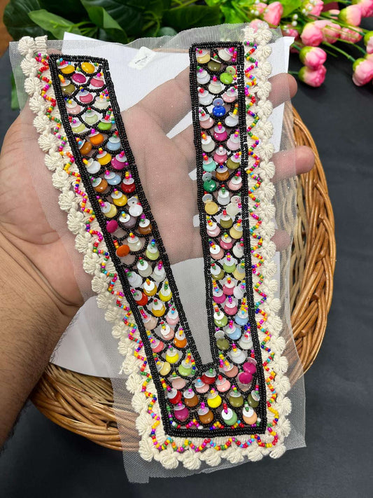 Beautiful Multicoloured Bead Work Neck Patch for Kurtis, Dresses & Navratri Outfits – Handcrafted Applique Design | Design 18