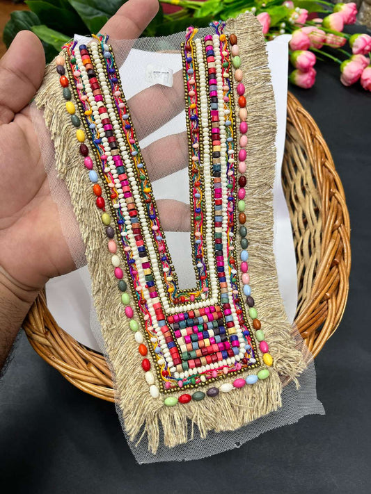 Beautiful Multicoloured Bead Work Neck Patch for Kurtis, Dresses & Navratri Outfits – Handcrafted Applique Design | Design 19