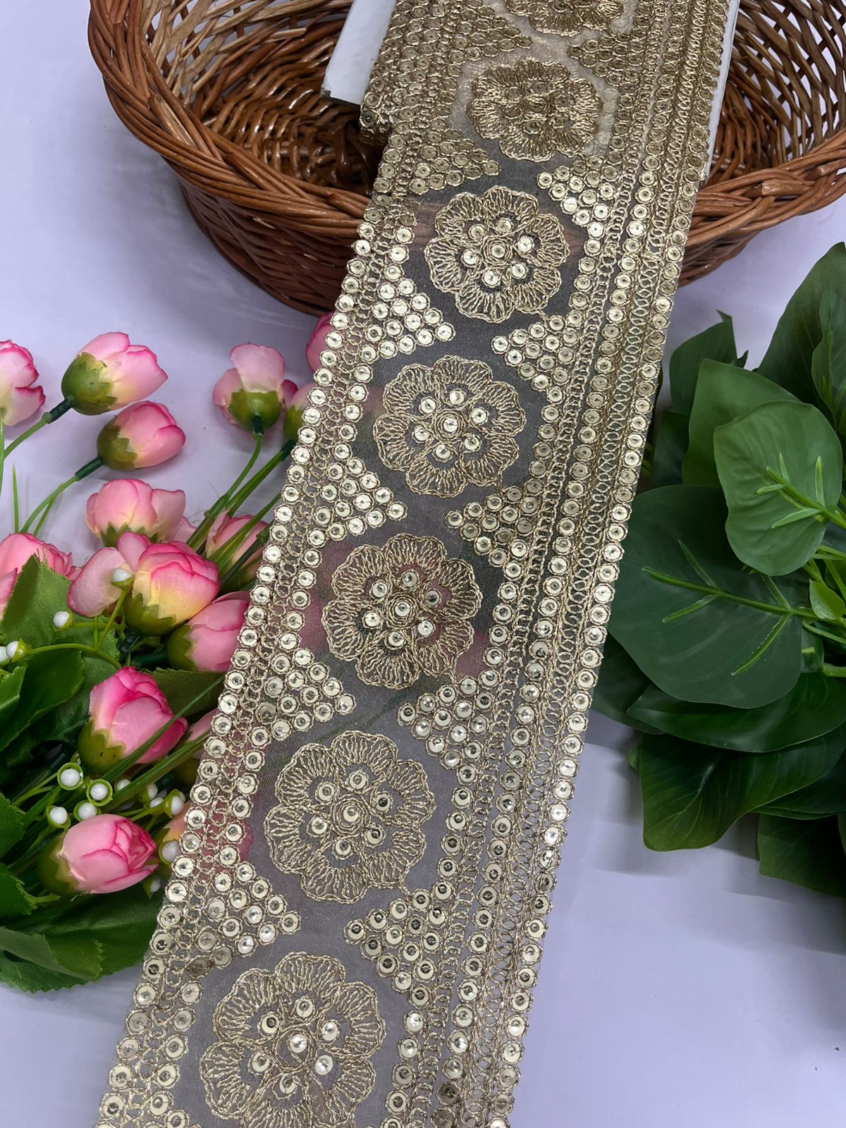 Deeps Creation Gold Embroidered Design Gold Sequins Embroidered Lace Borders - 9 Meter (4 Inch Width, Gold)