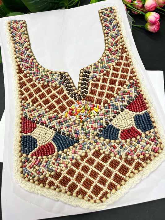 Beautiful Multicoloured Bead Work Neck Patch for Kurtis, Dresses & Navratri Wear – Handcrafted Designer Applique | Design 1