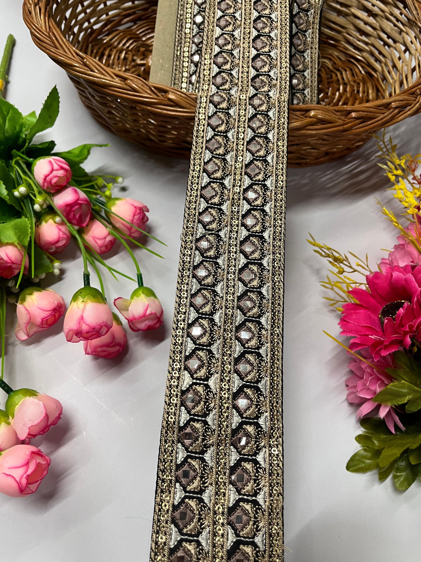 Sewing Embroidery Lace Trim | Mirror Thread Designer Lace Border Trim – 9 Meters, 2-Inch Width | Design 1