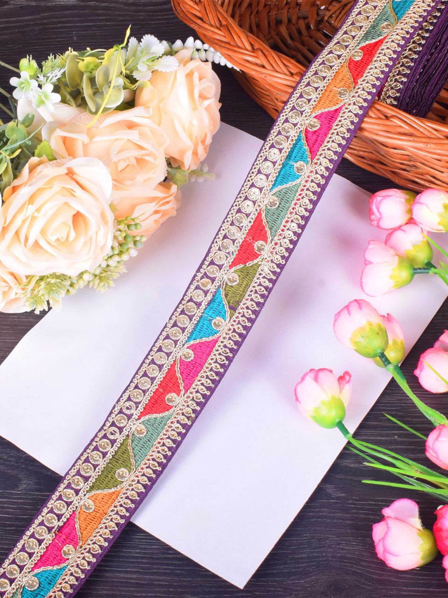 Elegant Embroidered Sabhyasachi Lace in Rich Purple – 9 Meter Roll
