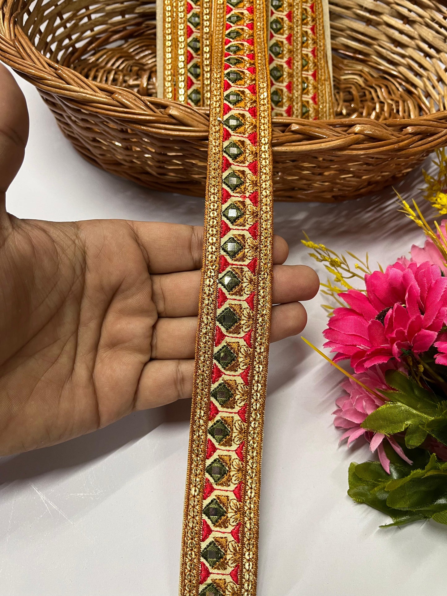 Sewing Embroidery Lace Trim | Mirror Thread Designer Lace Border Trim – 9 Meters, 1.5-Inch Width | Design 1