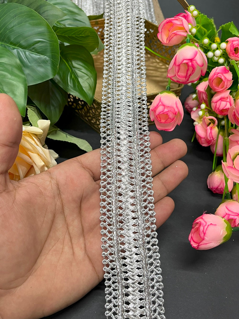 Silver Gota Lace Trims Design – 9 Meter, 1.5 Inch Width