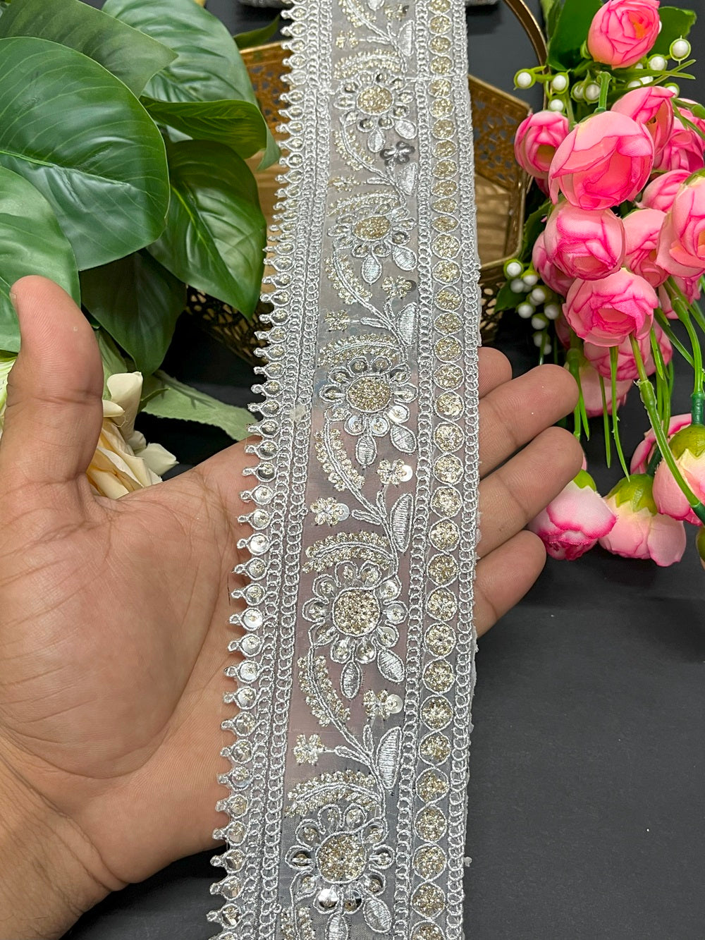 Silver DIY Sewing Crafting Border Lace – Embroidered Indian Saree Trim – 9 Meter, 2.5 Inch Width