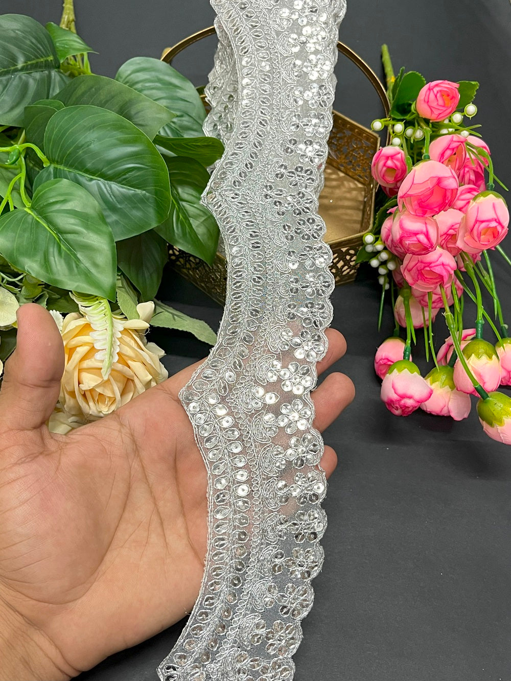 Silver DIY Sewing Crafting Border Lace – Indian Embroidered Saree Trim – 9 Meter, 2.5 Inch Width