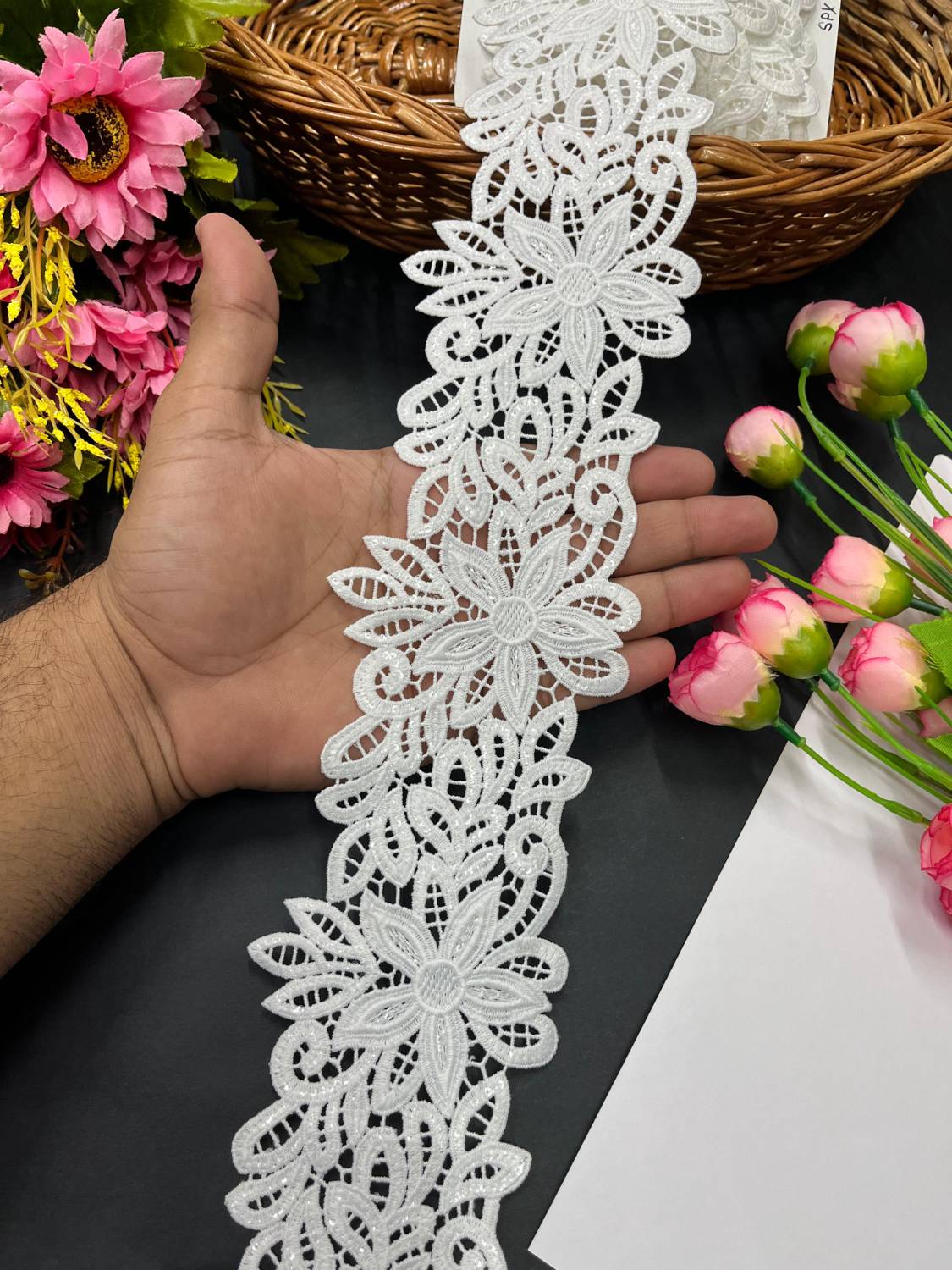 Beautiful Floral Imported Cotton Sequins Lace Trim – Soft Designer Finish (9 Meter) | White