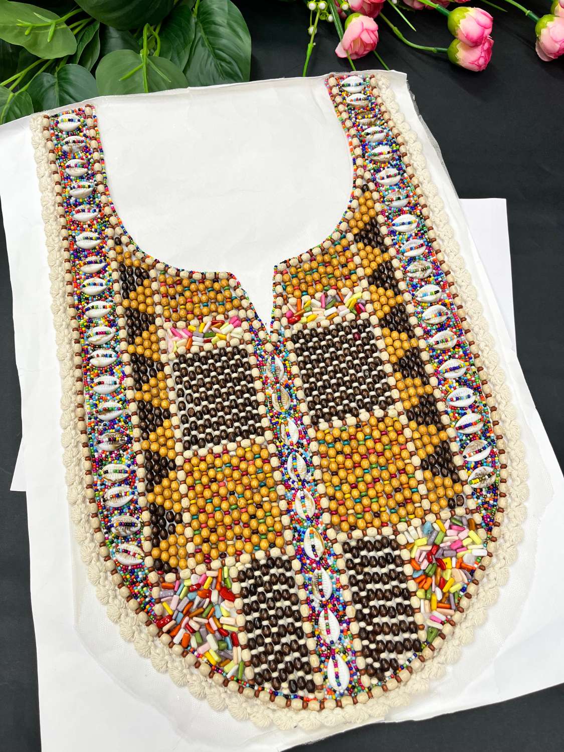 Beautiful Multicoloured Bead Work Neck Patch for Kurtis, Dresses & Navratri Wear – Handcrafted Designer Applique | Design 2