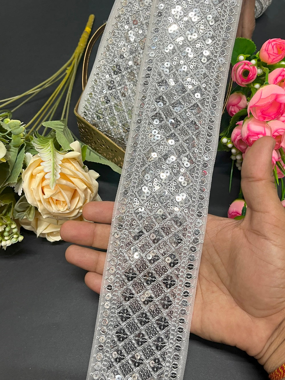 3 Inch Wide Sequence Silver Embroidery Crafted Sewing Lace Trim – 9 Meter