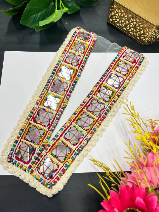Handcrafted Mirror Work & Wooden Bead Neck Patch – Decorative Embellishment for Kurtis, Dresses, and Tops