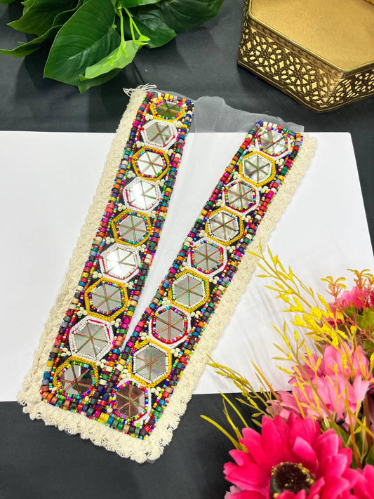 Handcrafted Mirror Work & Wooden Bead Neck Patch – Decorative Embellishment for Kurtis, Dresses, and Tops