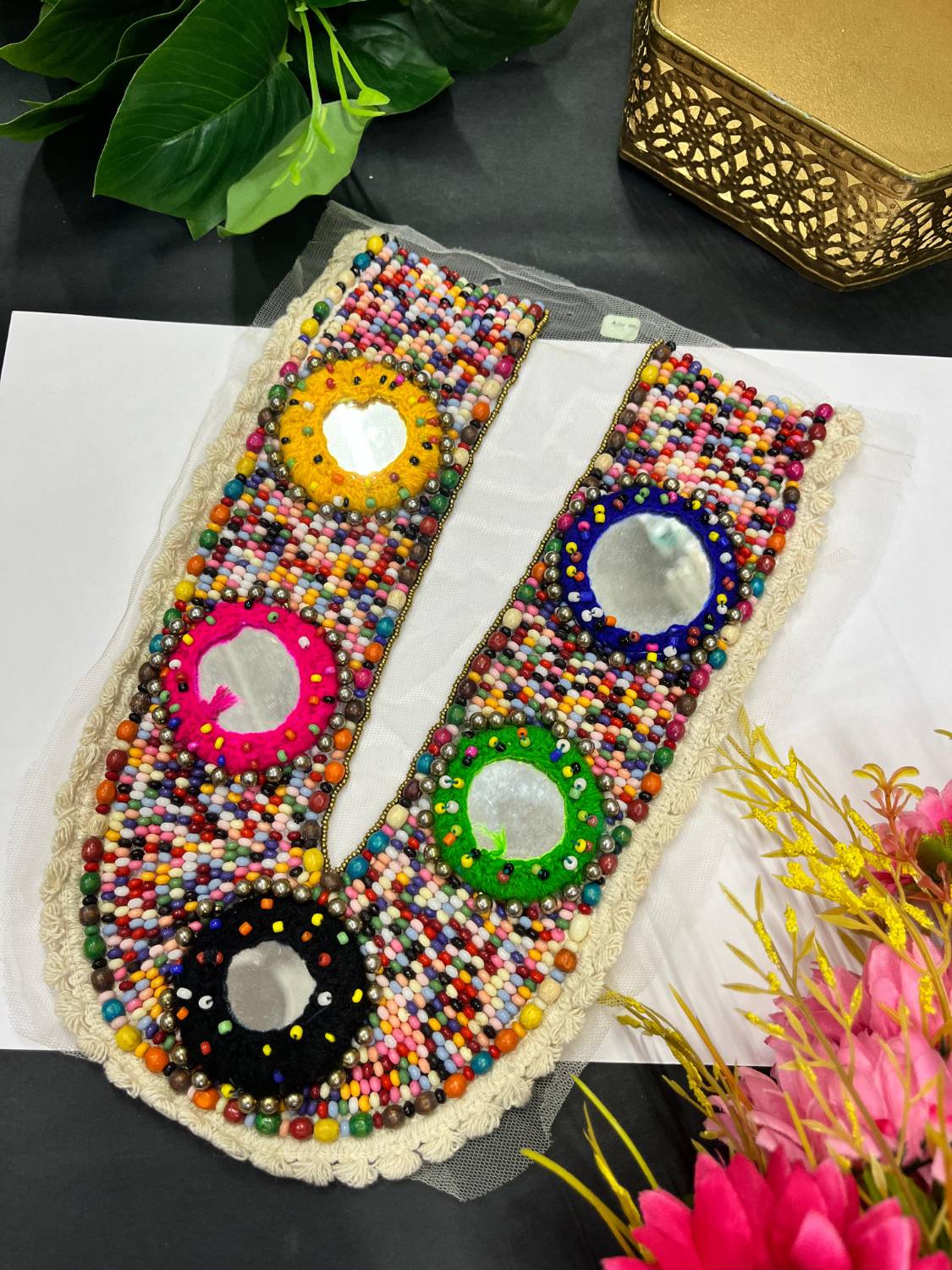 Handcrafted Mirror Work & Colourful Bead Neck Patch – Decorative Embellishment for Kurtis, Dresses, and Tops