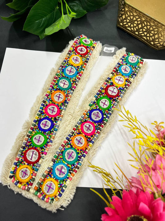 Handcrafted Mirror Work & Wooden Bead Neck Patch – Decorative Embellishment for Kurtis, Dresses, and Tops