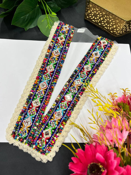 Handcrafted Mirror Work & Wooden Bead Neck Patch – Decorative Embellishment for Kurtis, Dresses, and Tops
