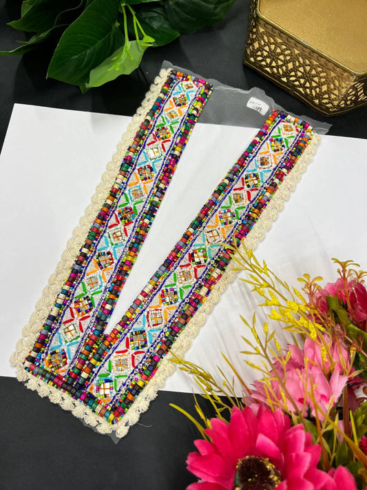 Handcrafted Mirror Work & Wooden Bead Neck Patch – Decorative Embellishment for Kurtis, Dresses, and Tops