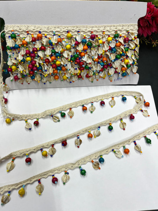 Multicoloured Wooden Bead Hanging Lace | Western Lace Fringe – Decorative Latkan Lace for Sarees, Dupattas, and Dresses (9 mtr, 1 inch)