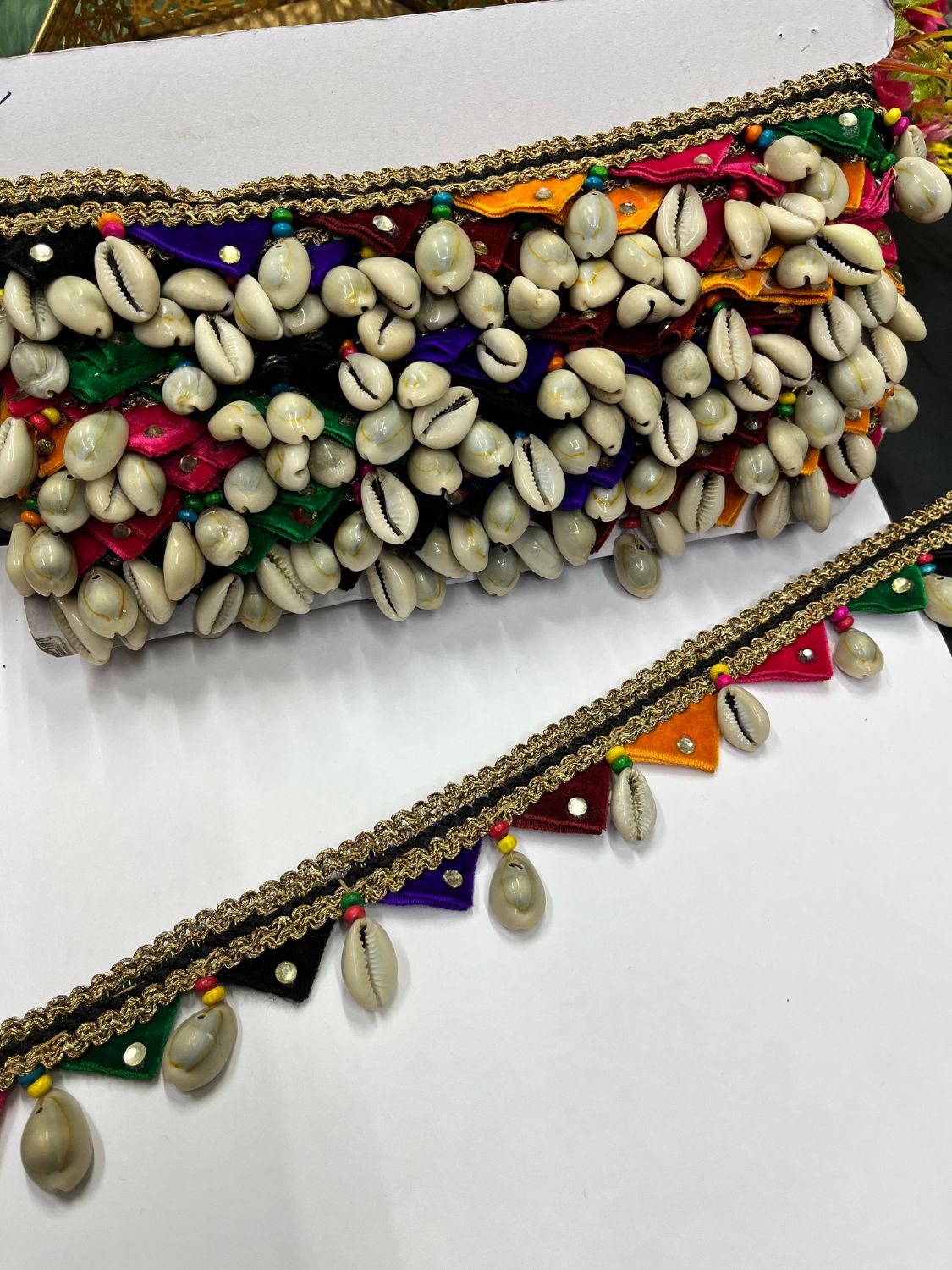 Navratri Special Kodi Lace with Multicoloured Fabric – Decorative Latkan Lace for Sarees, Dupattas, and Dresses (9 mtr, 1.5 inch)