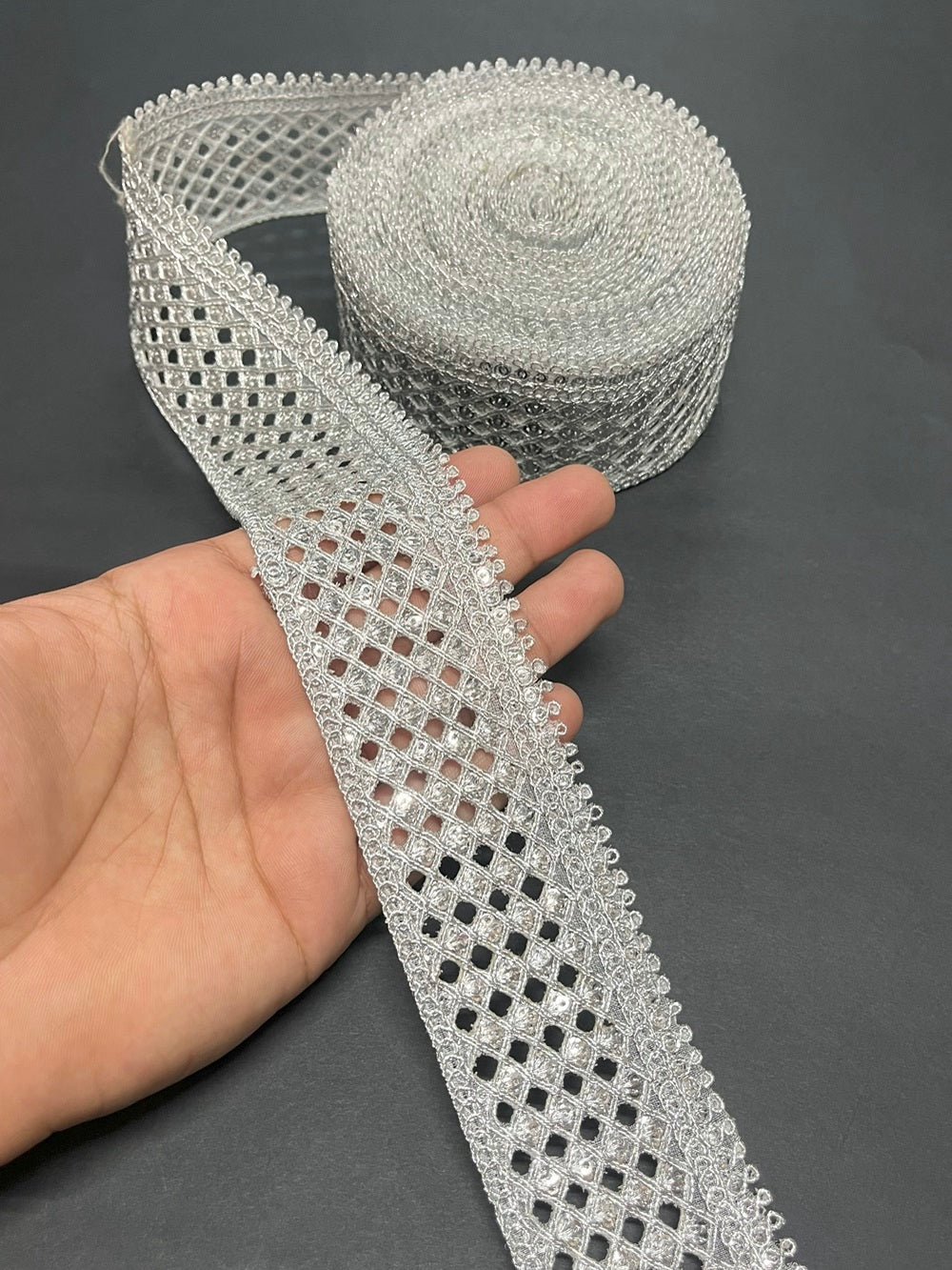 Exclusive Cutwork Design Sequence Zari Crafted Silver Lace Trims – 9 Meter, 2.5 Inch Width