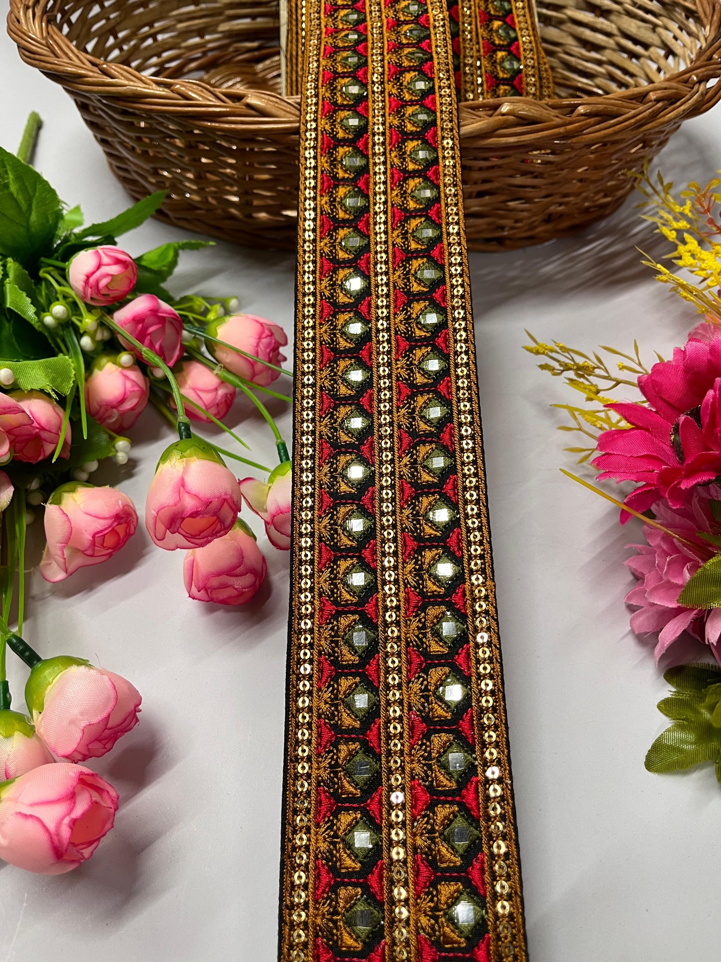 Sewing Embroidery Lace Trim | Mirror Thread Designer Lace Border Trim – 9 Meters, 2-Inch Width | Design 3