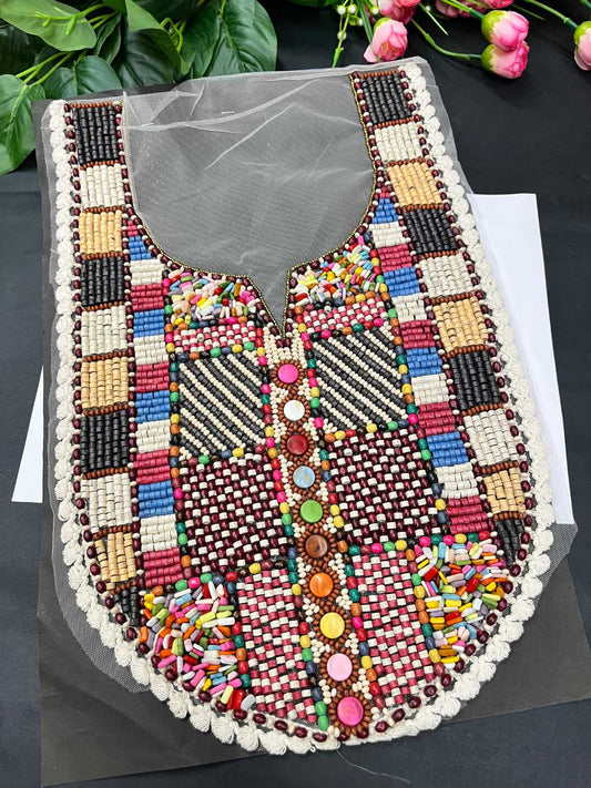 Beautiful Multicoloured Bead Work Neck Patch for Kurtis, Dresses & Navratri Wear – Handcrafted Designer Applique | Design 3