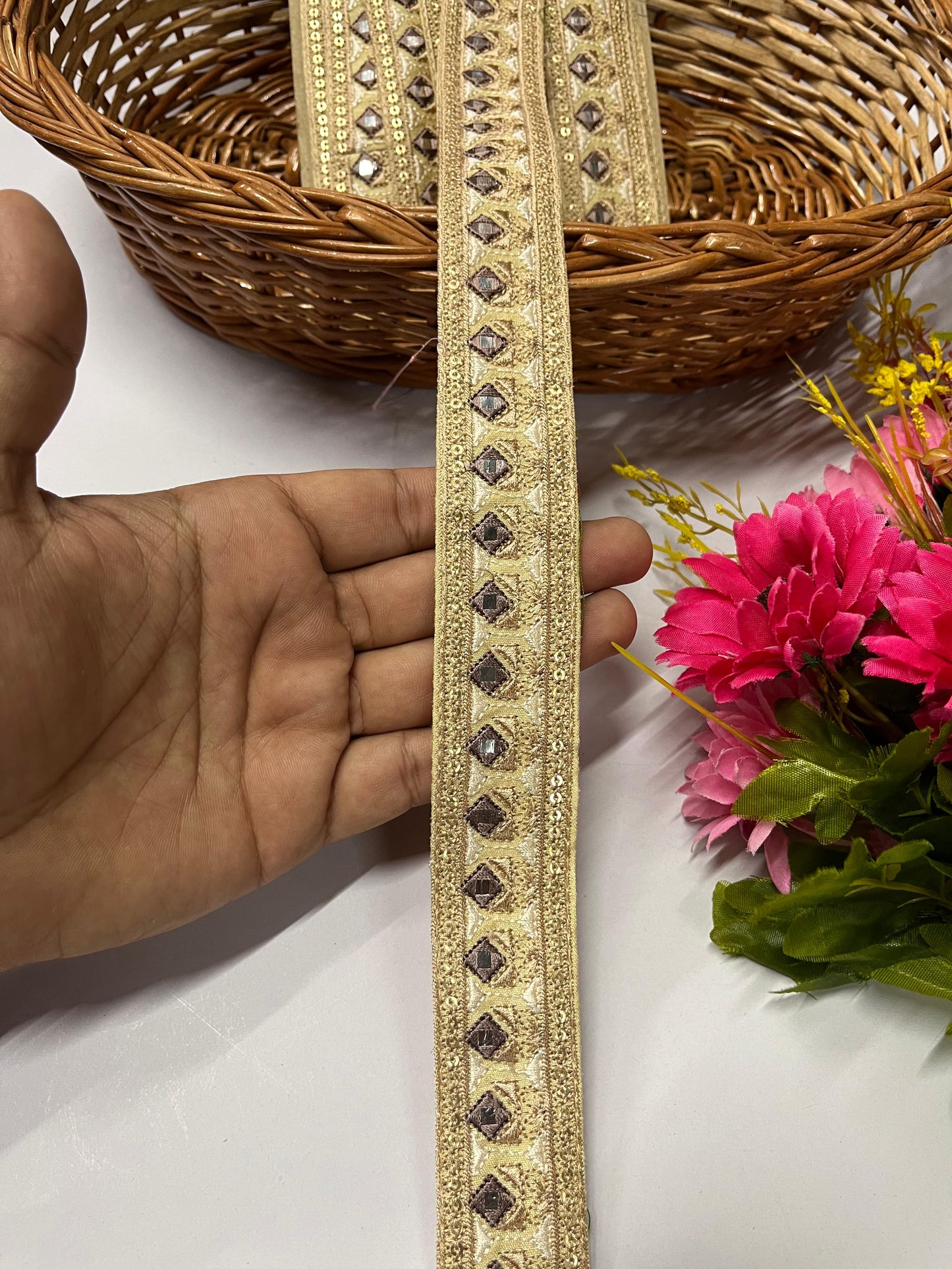 Sewing Embroidery Lace Trim | Mirror Thread Designer Lace Border Trim – 9 Meters, 1.5-Inch Width | Design 3