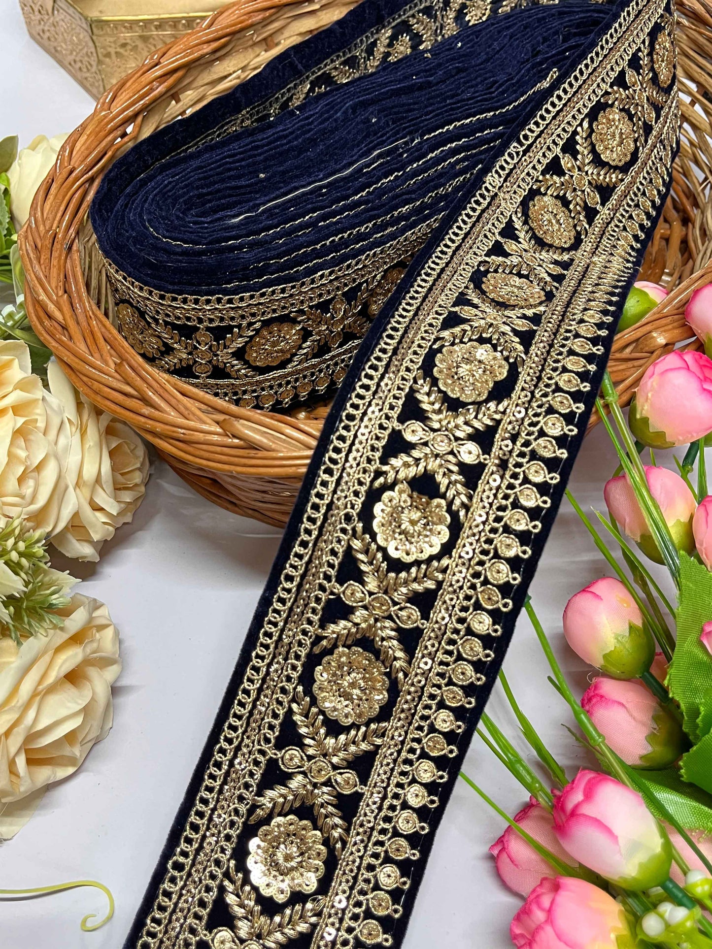 Embroidered Velvet Border in Rich Navy Blue – 9 Meter Roll