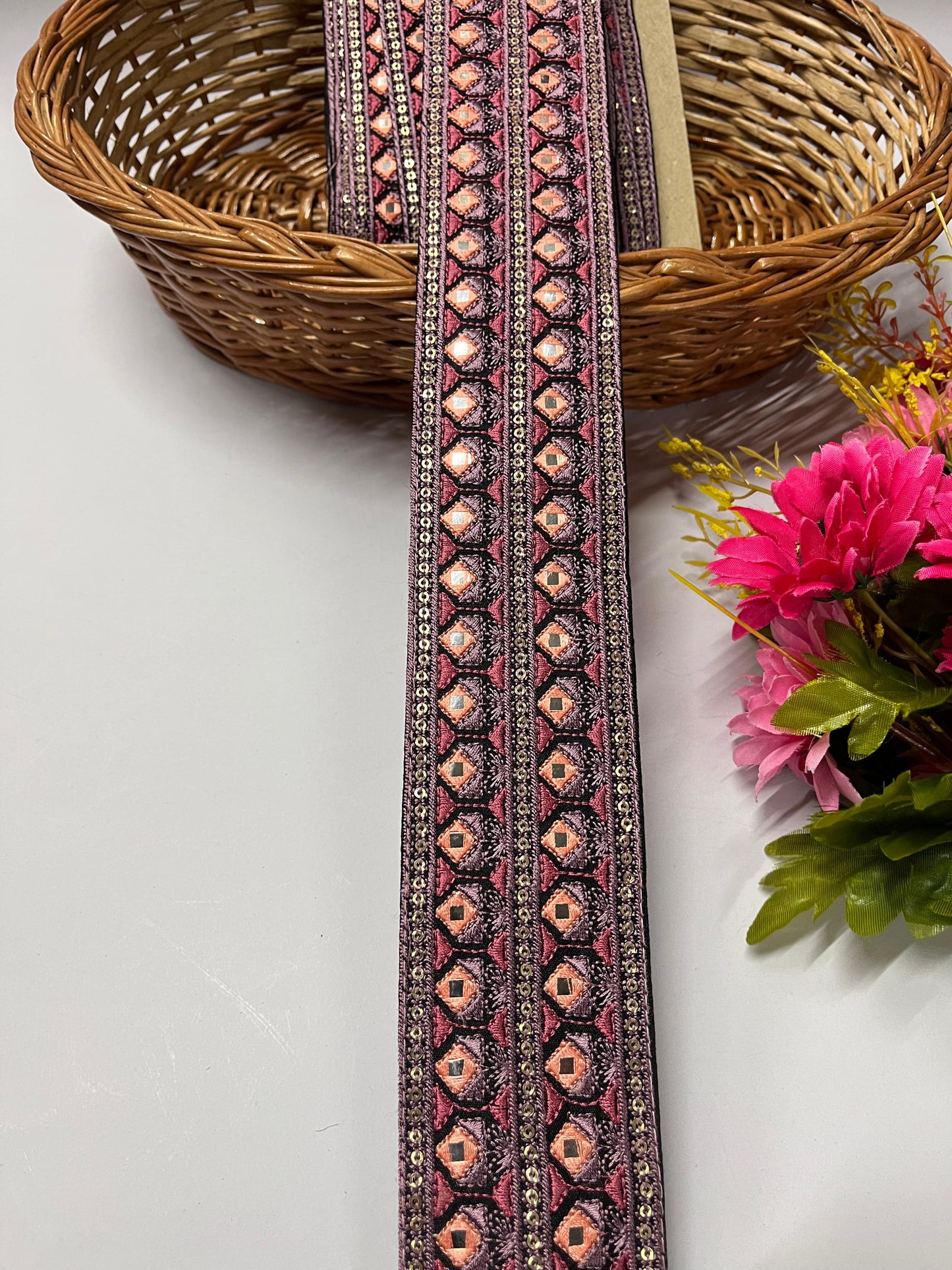 Sewing Embroidery Lace Trim | Mirror Thread Designer Lace Border Trim – 9 Meters, 2-Inch Width | Design 4