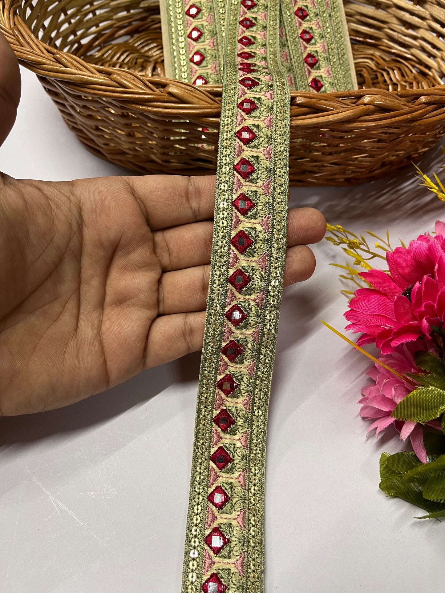 Sewing Embroidery Lace Trim | Mirror Thread Designer Lace Border Trim – 9 Meters, 1.5-Inch Width | Design 4