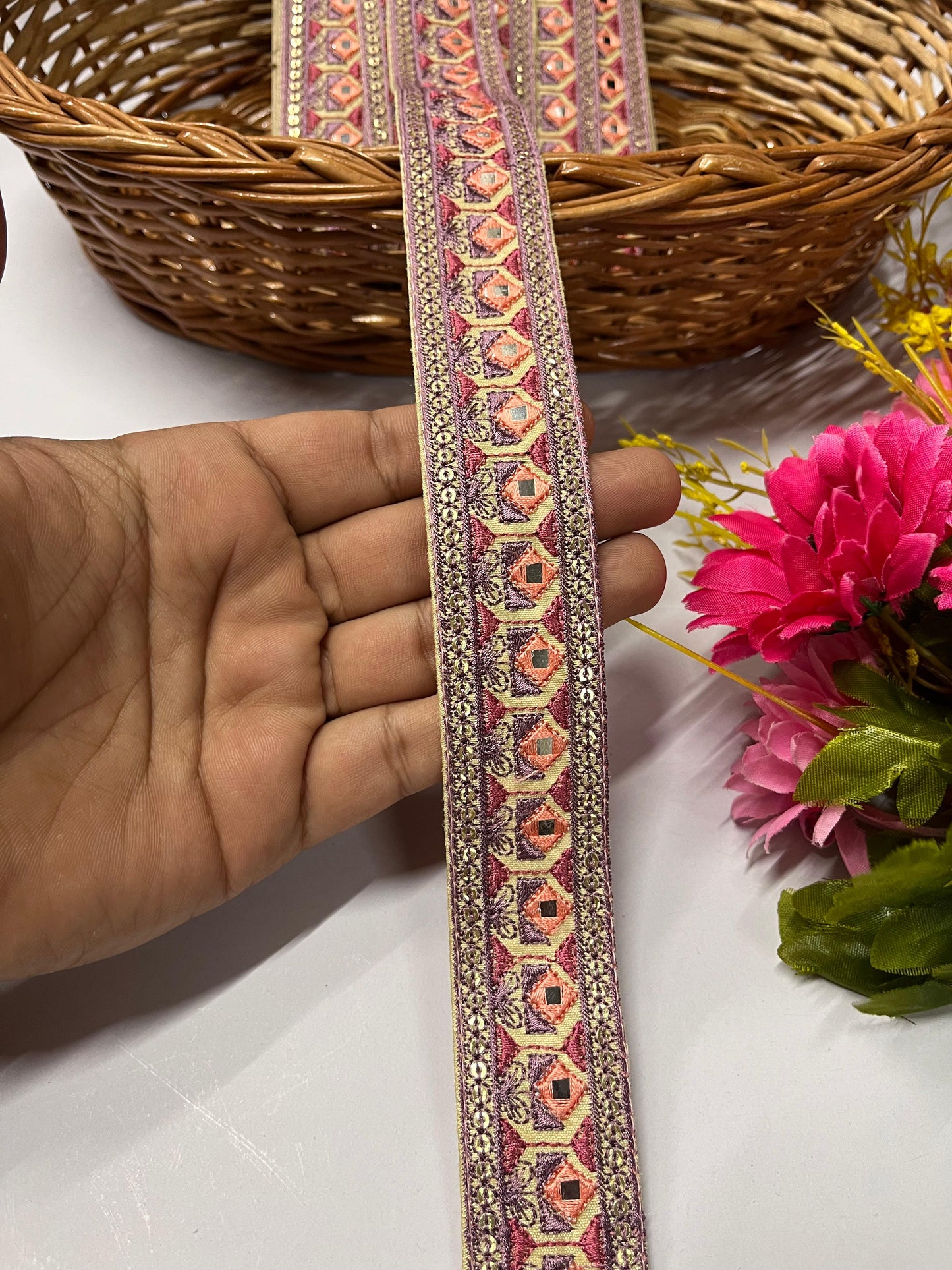 Sewing Embroidery Lace Trim | Mirror Thread Designer Lace Border Trim – 9 Meters, 1.5-Inch Width | Design 5
