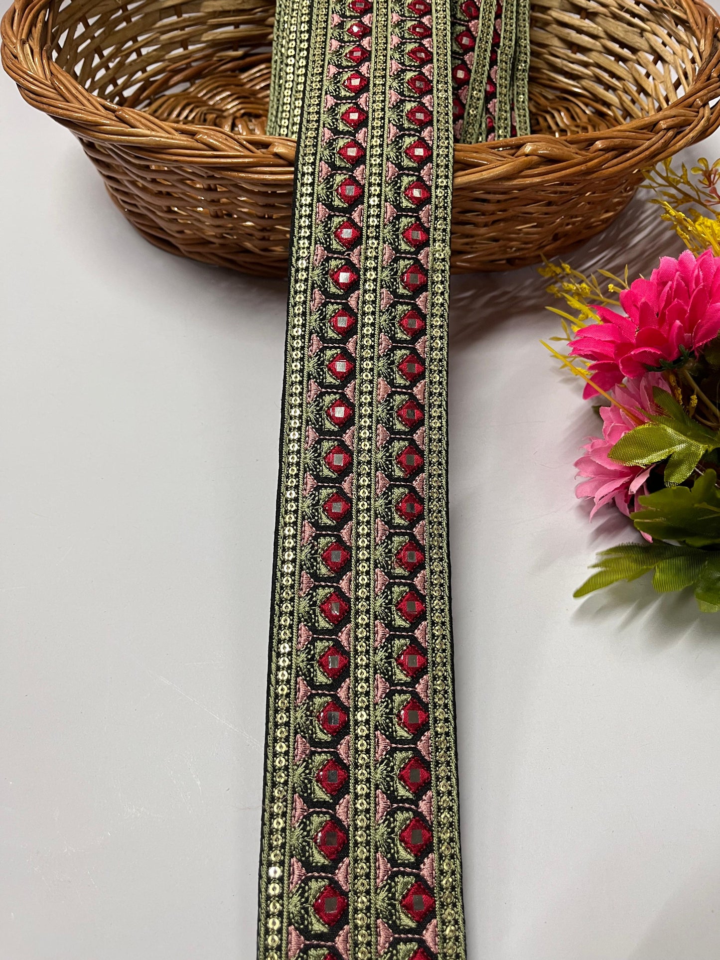Sewing Embroidery Lace Trim | Mirror Thread Designer Lace Border Trim – 9 Meters, 2-Inch Width | Design 5