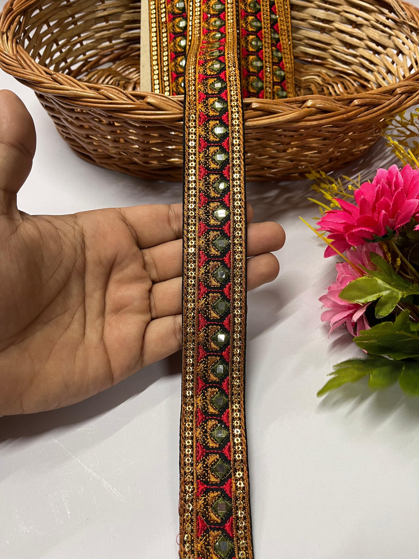 Sewing Embroidery Lace Trim | Mirror Thread Designer Lace Border Trim – 9 Meters, 1.5-Inch Width | Design 7