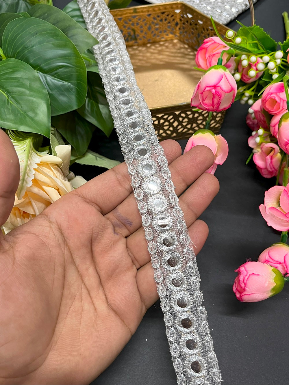 Silver Mirror Trims Lace Foil Mirror Dupatta Lace – 9 Meter, 1 Inch Width – Shimmering Decorative Trim