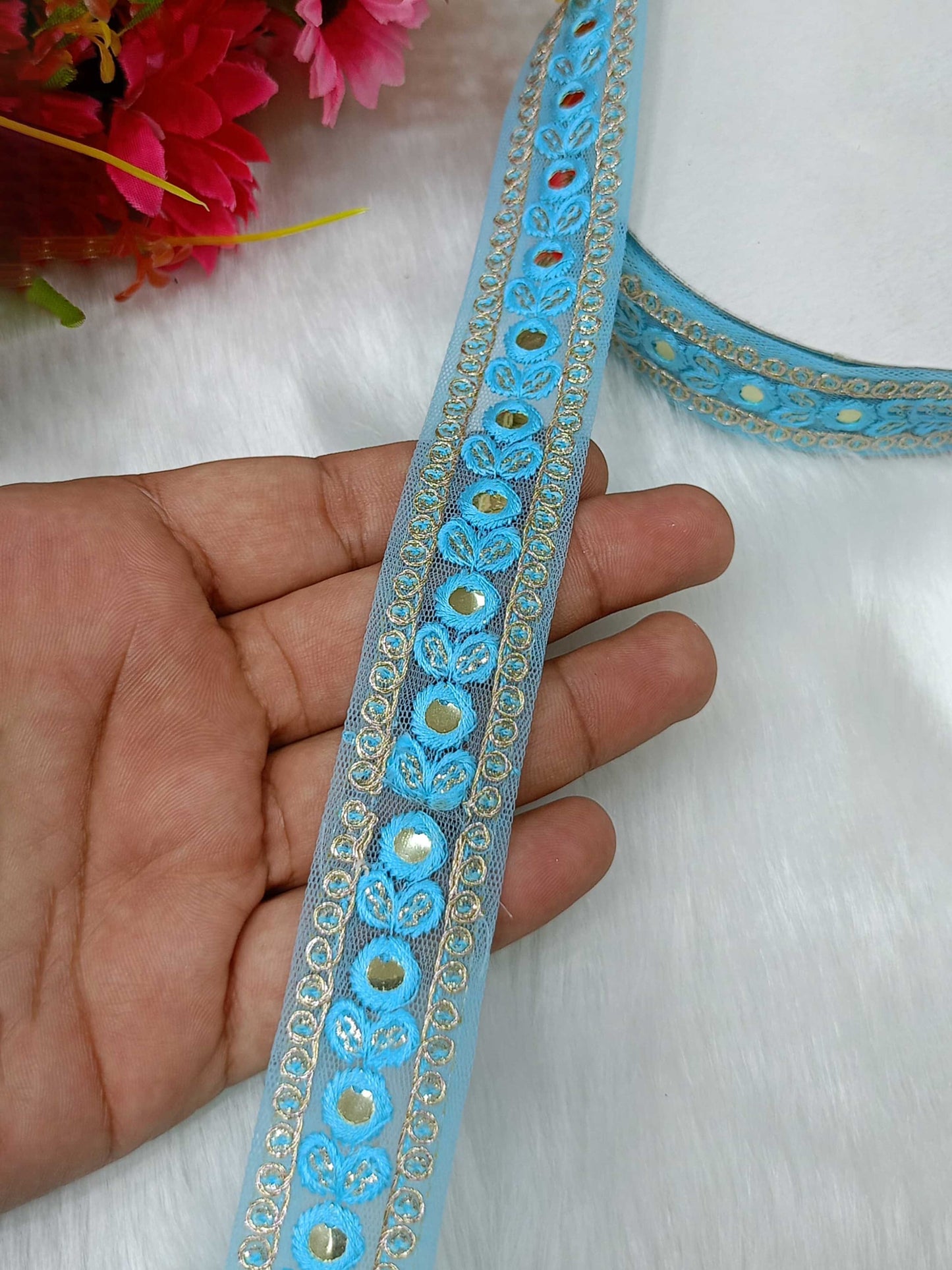Premium Foil Mirror Lace in Pastel Blue – 9 Meters