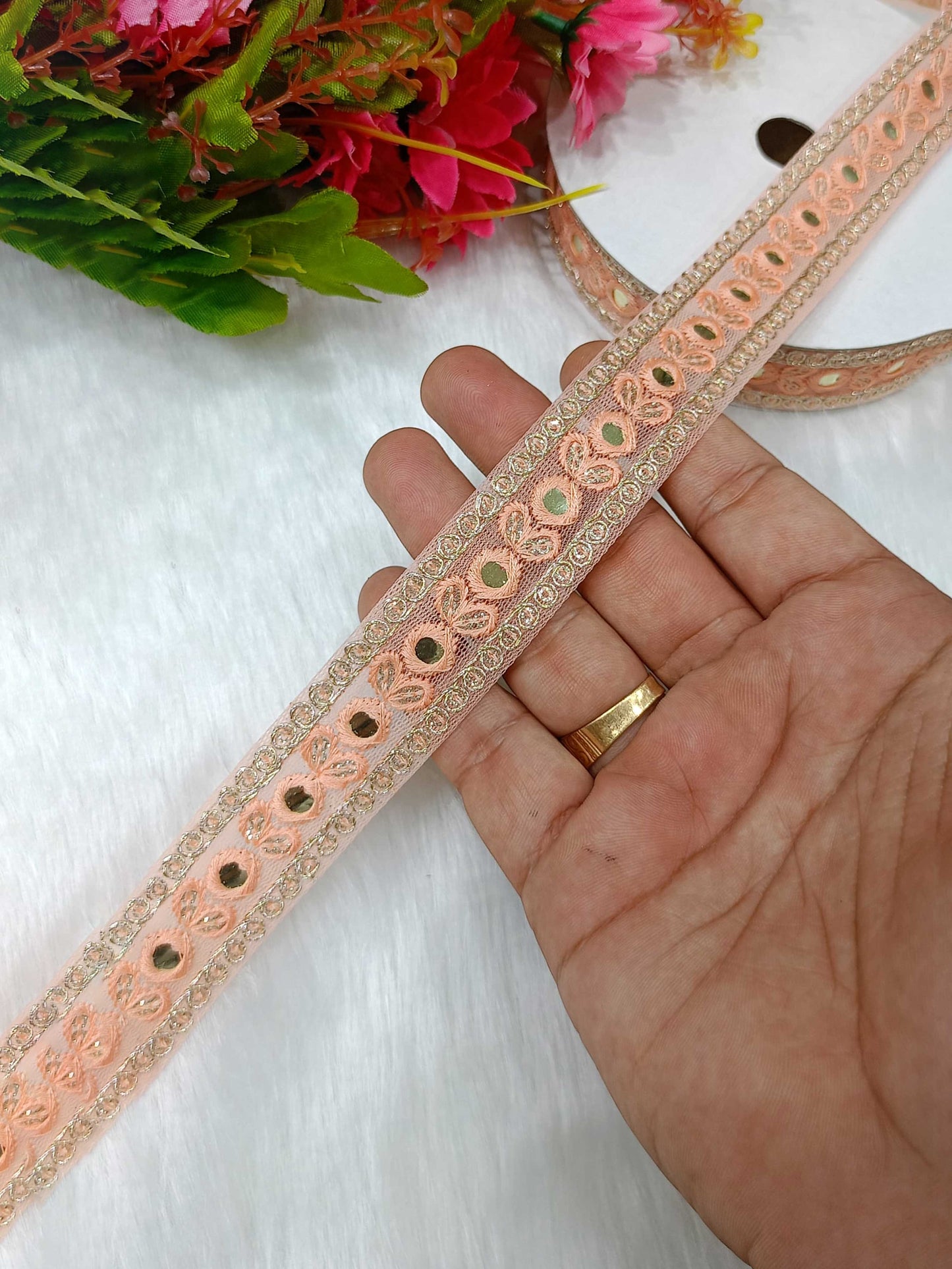 Premium Foil Mirror Lace in Soft Peach – 9 Meters