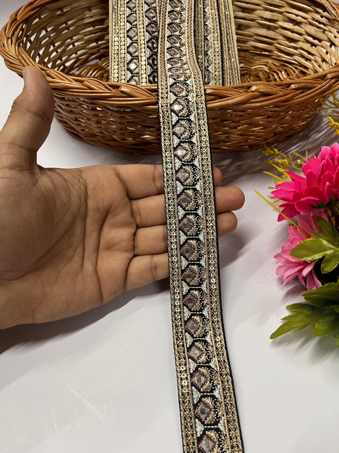 Sewing Embroidery Lace Trim | Mirror Thread Designer Lace Border Trim – 9 Meters, 1.5-Inch Width | Design 9