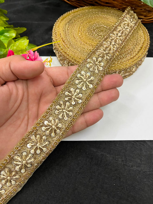 Handcrafted Aari Work Lace for Sarees, Lehengas, Dupattas & Blouses – Premium Handmade Embroidered Lace Border (1 Inch) | DC1055 | Antique